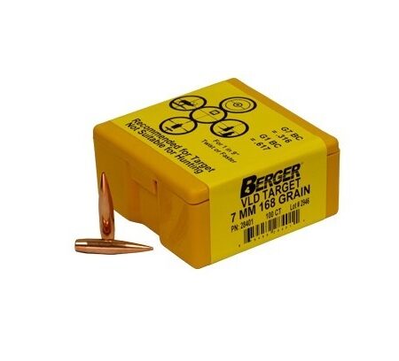 Berger Bullets 7mm Caliber (.284 Diameter) 168 Gr. Target VLD Hollow Point Boat Tail- Box of 100