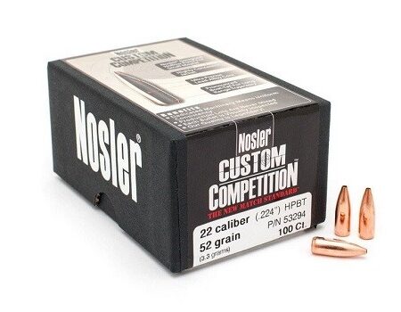 Nosler Bullets 22 Caliber (.224" Diameter) 52 Gr. Custom Competition Hollow Point Boat Tail- Box of 100