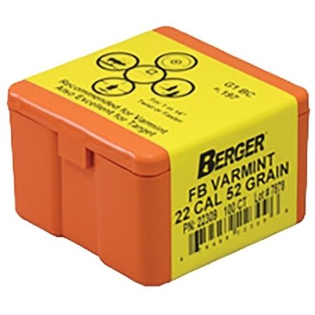 Berger Bullets 22 Caliber (224 Diameter) 52 Gr Varmit Hollow Point Flat Base- Box of 100