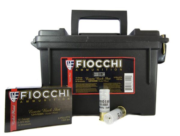 Fiocchi Exacta 12 Gauge 2-3/4" 00 Buckshot 9 Nickel Plated Pellets- Ammo Can of 80