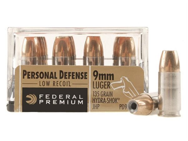Federal Premium Personal Defense Reduced Recoil 9mm Luger 135 Gr. Hydra-Shok Jacketed Hollow Point- Box of 20