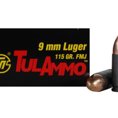 TulAmmo 9mm Luger 115 Gr. FMJ (Bi-Metal) Steel Case Berdan Primed- Box of 50
