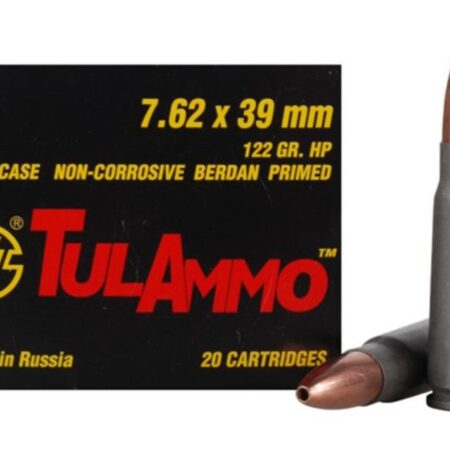 TulAmmo 7.62x39mm 122 Gr. Hollow Point (Bi-Metal) Steel Case Berdan Primed- Box of 20
