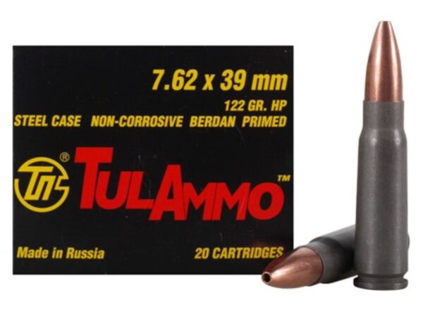 TulAmmo 7.62x39mm 122 Gr. Hollow Point (Bi-Metal) Steel Case Berdan Primed- Box of 20