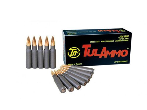 TulAmmo .308 Winchester 150 Gr. Full Metal Jacket (Bi-Metal) Steel Case Berdan Primed- Box of 20