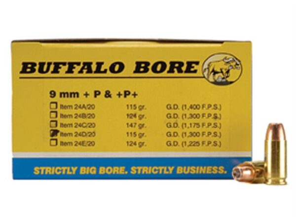 Buffalo Bore 9mm Luger +P 115 Gr. JHP- Box of 20
