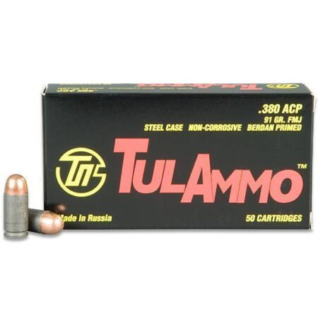 TulAmmo .380 ACP 91 Gr. FMJ (Bi-Metal) Steel Case Berdan Primed- Box of 50