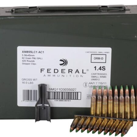 Federal Lake City 5.56x45mm 62 Gr. NATO XM855 SS109 Penetrator Full Metal Jacket- 10 Round Clips in Ammo Can of 420 (14 Boxes of 30)