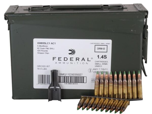 Federal Lake City 5.56x45mm 62 Gr. NATO XM855 SS109 Penetrator Full Metal Jacket- 10 Round Clips in Ammo Can of 420 (14 Boxes of 30)