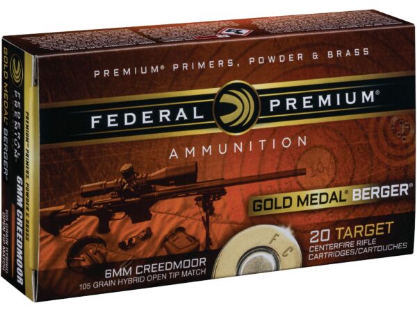 Federal Premium Gold Medal Berger 6mm Creedmoor 105 Gr. Berger Hybrid Hollow Point Boat Tail- Box of 20