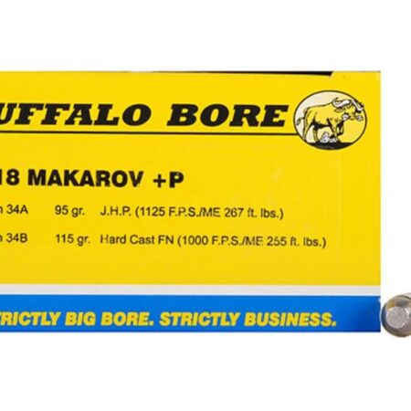Buffalo Bore 9x18mm Makarov +P 115 Gr. Hard Cast Flat Nose- Box of 20