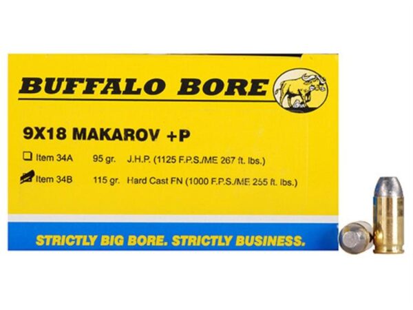 Buffalo Bore 9x18mm Makarov +P 115 Gr. Hard Cast Flat Nose- Box of 20
