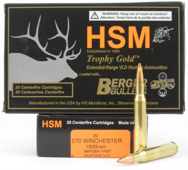 HSM Trophy Gold .270 Winchester 150 Gr. Berger Hunting VLD Hollow Point Boat Tail- Box of 20