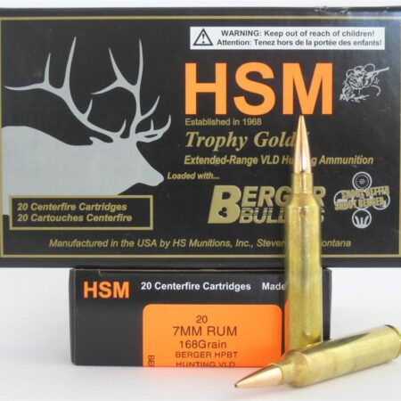 HSM Trophy Gold 7mm Remington Ultra Magnum 168 Gr. Berger Hunting VLD Hollow Point Boat Tail- Box of 20