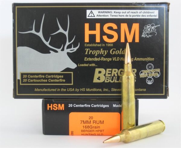 HSM Trophy Gold 7mm Remington Ultra Magnum 168 Gr. Berger Hunting VLD Hollow Point Boat Tail- Box of 20