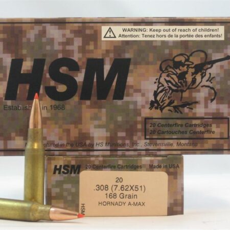 HSM .308 (7.62x51) 168 Gr. Hornady A-Max- Box of 20