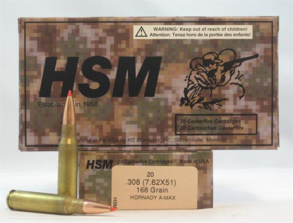 HSM .308 (7.62x51) 168 Gr. Hornady A-Max- Box of 20