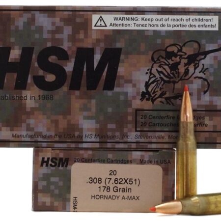 HSM .308 (7.62x51) 178 Gr. Hornady A-Max- Box of 20