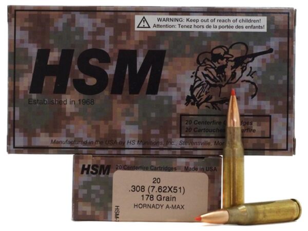 HSM .308 (7.62x51) 178 Gr. Hornady A-Max- Box of 20