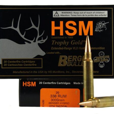 HSM Factory Blemish Trophy Gold .338 Remington Ultra Magnum 300 Gr. Berger Hybrid OTM Tactical- Box of 20