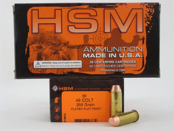 HSM .45 Colt 255 Gr. Plated Flat Point- Box of 50