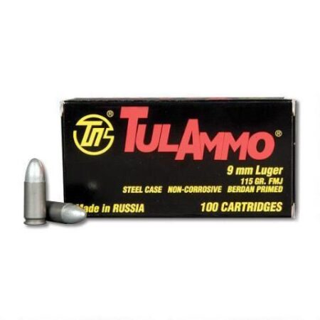 TulAmmo 9mm Luger 115 Gr. FMJ (Bi-Metal) Steel Case Berdan Primed- Box of 100