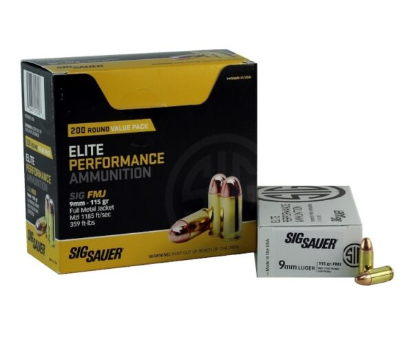 SIG SAUER Elite Performance 9mm Luger 115 Gr. Full Metal Jacket- Box of 200