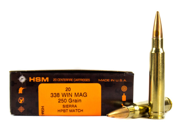 HSM .338 Winchester Magnum 250 Gr. Sierra HPBT Match- Box of 20