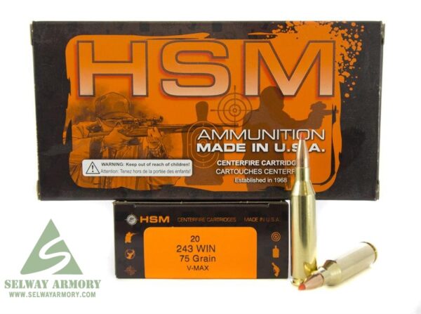 HSM Factory Blemish .243 Winchester 75 Gr. Hornady V-Max- Box of 20