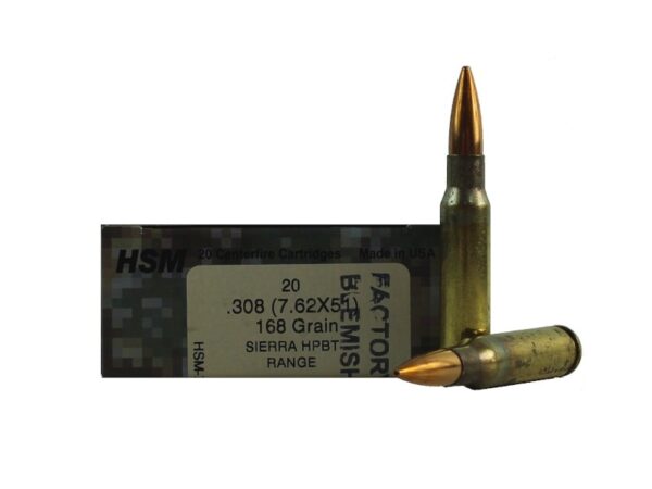 HSM Factory Blemish Range Brass 7.62x51mm 168 Gr. Sierra HPBT Match- Box of 20