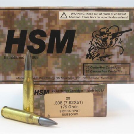 HSM .308 Winchester (7.62x51) 175 Gr. Sierra HPBT Tungsten-Coated Subsonic- Box of 20