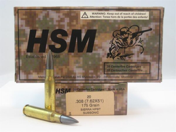 HSM .308 Winchester (7.62x51) 175 Gr. Sierra HPBT Tungsten-Coated Subsonic- Box of 20
