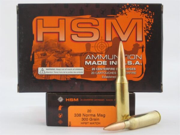 HSM .338 Norma Magnum 300 Gr. HPBT Match- Box of 20