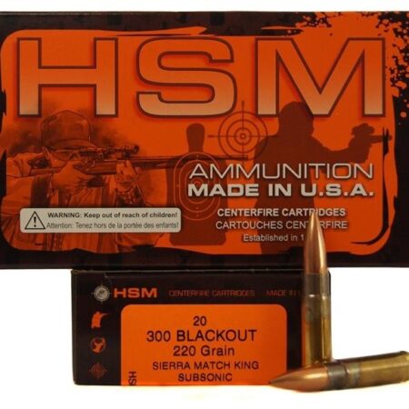 HSM Factory Blemish .300 AAC Blackout 220 Gr. MatchKing Hollow Point Boat Tail- Subsonic- Box of 20