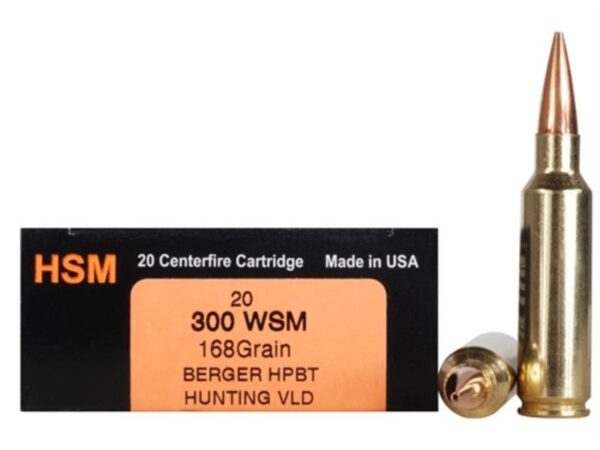 HSM Factory Blemish Trophy Gold .300 Winchester Short Magnum (WSM) 168 Gr. Berger Hunting VLD Hollow Point Boat Tail- Box of 20