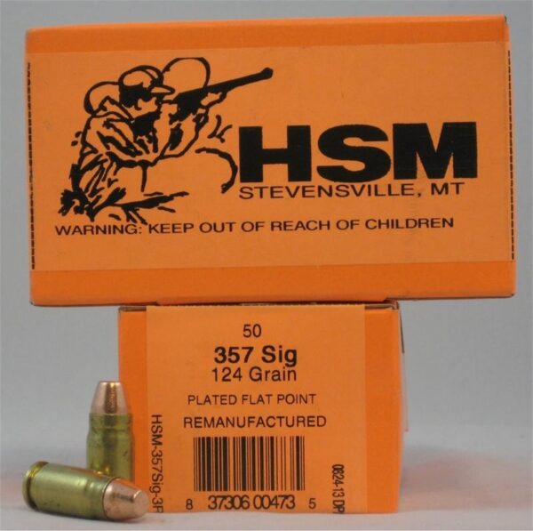 HSM Factory Blemish .357 Sig 124 Gr. Plated Flat Point- Remanufactured- Box of 50