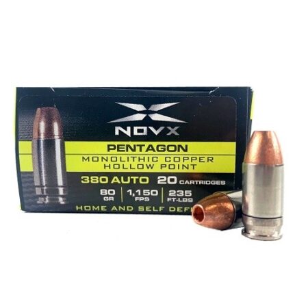NovX Pentagon Self Defense .380 ACP 80 Gr. Monolithic Copper Hollow Point- Lead-Free- Box of 20