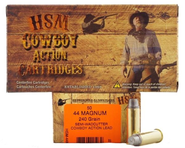 an image of a box of HSM Factory Blemish .44 Magnum 240 Gr. Semi-Wadcutter "Cowboy Action" Lead- 44M-1-N-FB