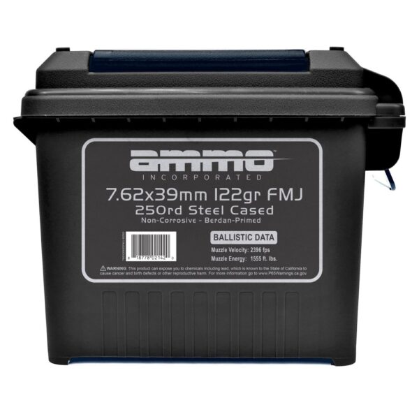 Ammo Incorporated 7.62x39mm 122 Gr. Full Metal Jacket Steel Case- Plastic Ammo Can of 250