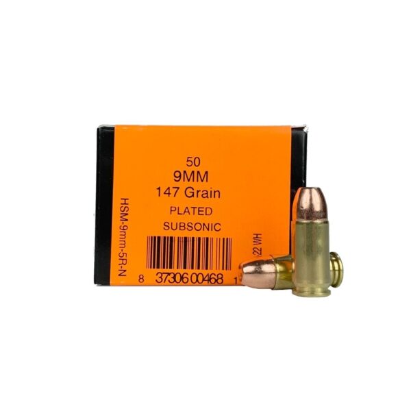 HSM 9mm Luger 147 Gr. Plated Flat Point-Subsonic- Box of 50