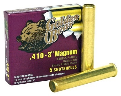 Golden Bear .410 Bore 3" #4 Buckshot 5 Pellets Steel Cased Brass Plated- Box of 5