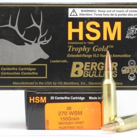 HSM Factory Blemish Trophy Gold .270 WSM 150 Gr. Berger Hunting VLD Hollow Point Boat Tail- Box of 20