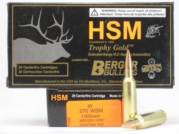 HSM Factory Blemish Trophy Gold .270 WSM 150 Gr. Berger Hunting VLD Hollow Point Boat Tail- Box of 20