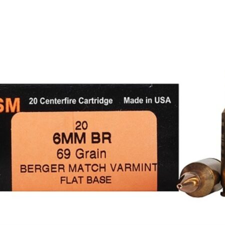 HSM Factory Blemish Varmint Gold 6mm BR 69  Gr. Berger Varmint Match Flat Base- Box of 20