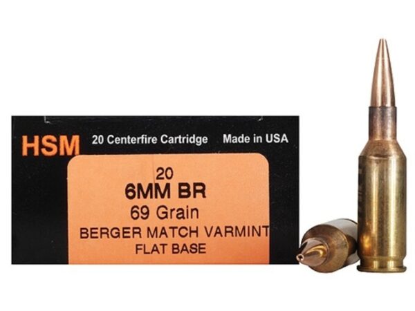 HSM Factory Blemish Varmint Gold 6mm BR 69  Gr. Berger Varmint Match Flat Base- Box of 20