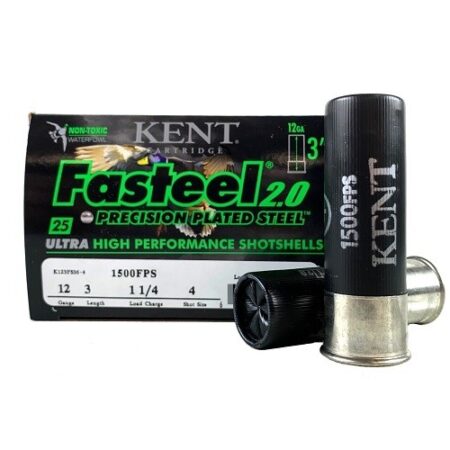 Kent Precision Fasteel 2.0 12 Gauge 3" 1-1/4 oz #4 Non-Toxic Zinc-Plated Steel Shot- Box of 25
