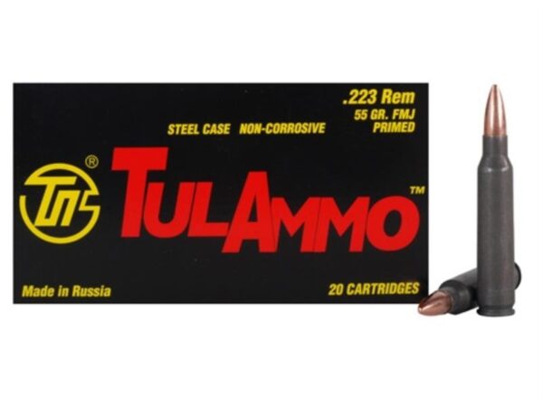 TulAmmo .223 Remington 55 Gr. FMJ (Bi-Metal) Steel Case Berdan Primed- Box of 20
