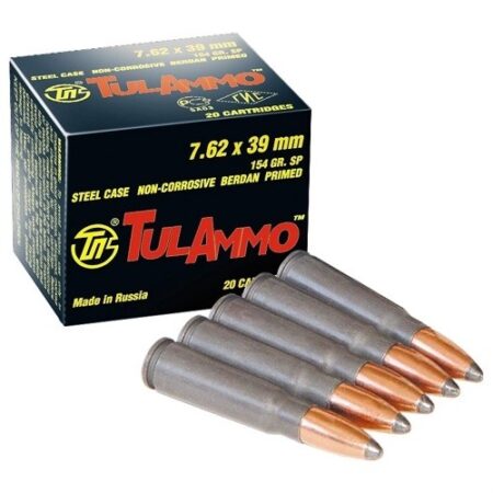 TulAmmo 7.62x39mm 154 Gr. Soft Point (Bi-Metal) Steel Case Berdan Primed- Box of 20