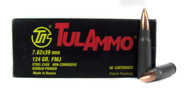 TulAmmo 7.62x39mm 124 Gr. FMJ (Bi-Metal) Steel Case Berdan Primed- Box of 40
