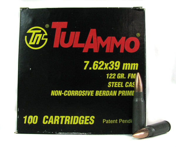 TulAmmo 7.62x39mm 122 Gr. FMJ (Bi-Metal) Steel Case Berdan Primed- Box of 100